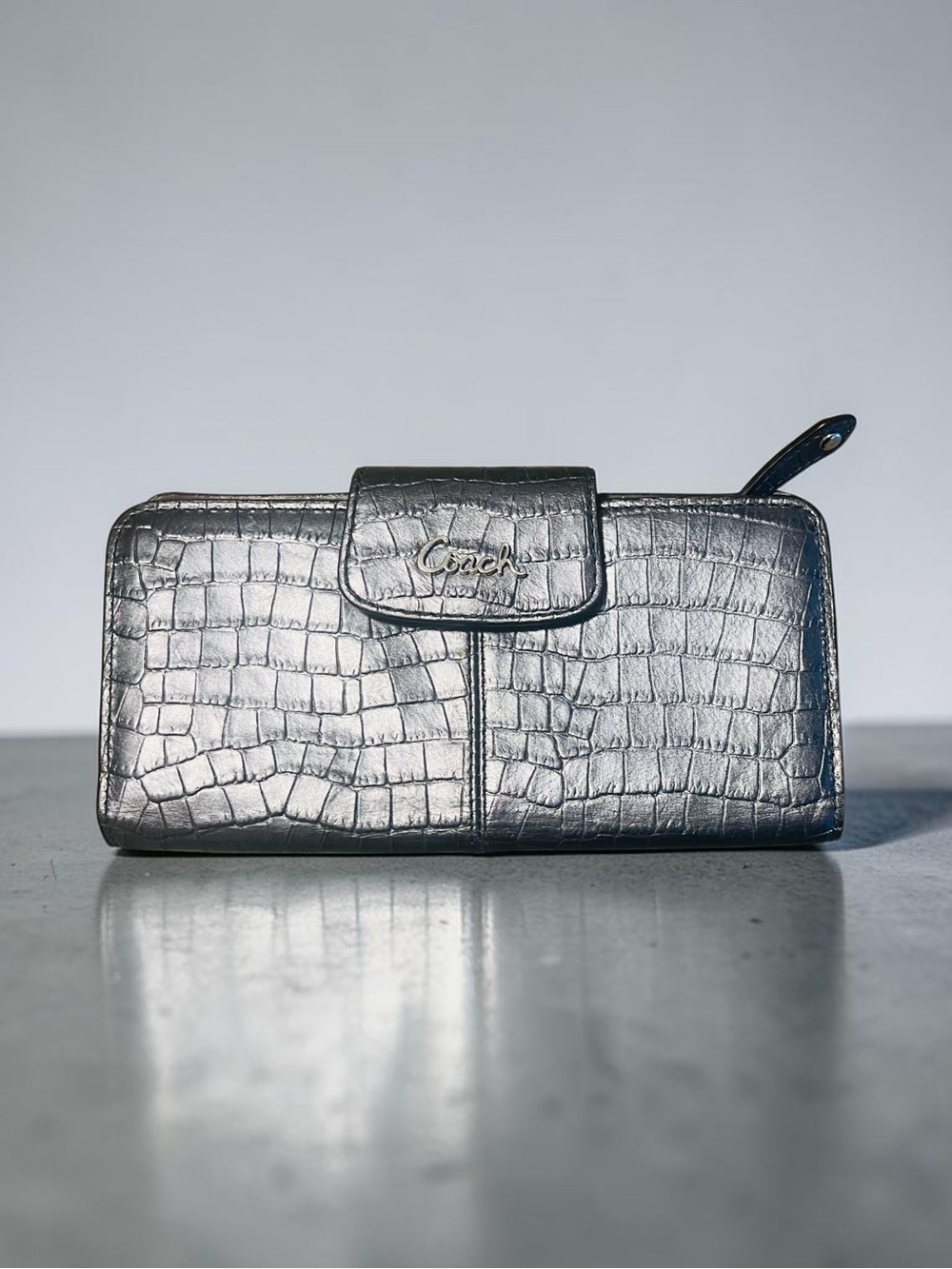 Coach Metallic Gun Metal Croc-Embossed Slim Wallet